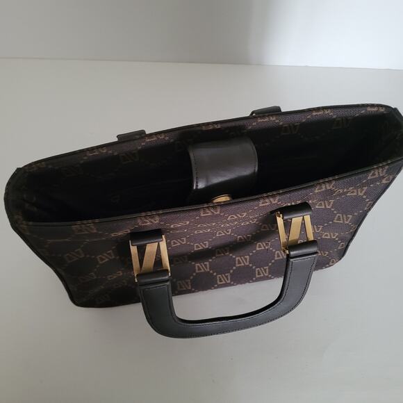 DIANA VALENTINO Study Handbag Tote Bag Brown Canvas Monogramed Medium Vintage - Picture 8 of 8